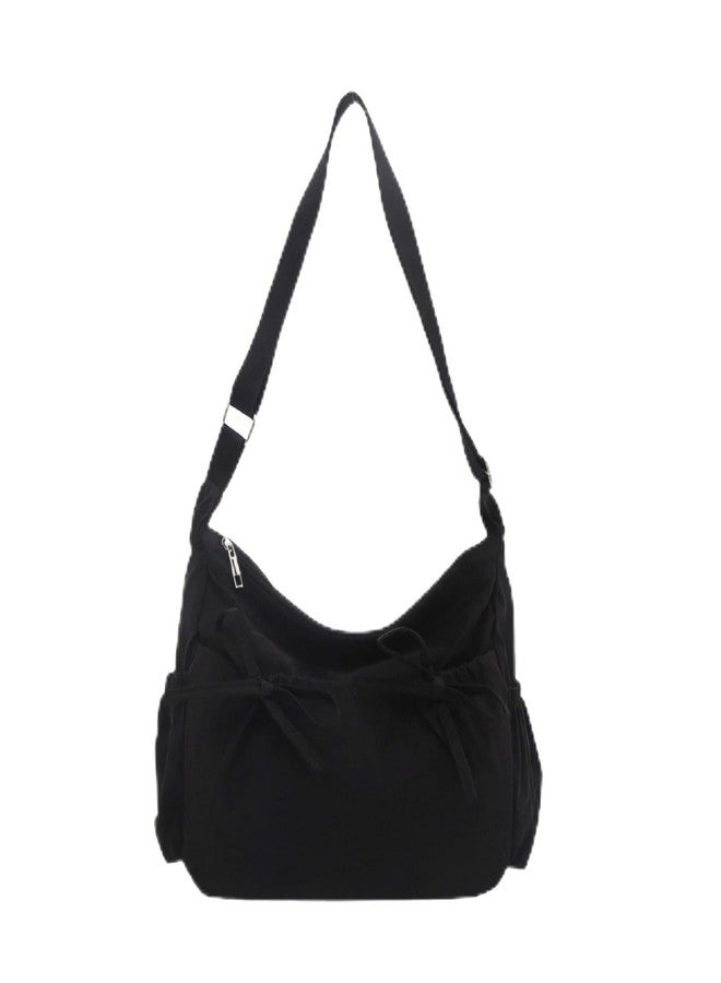 Winatehr black bow messenger bag for women, multi pocket nylon crossbody bags, cute y2k kawaii large shoulder bag, coquette college aesthetic trendy everyday purse - Image 1